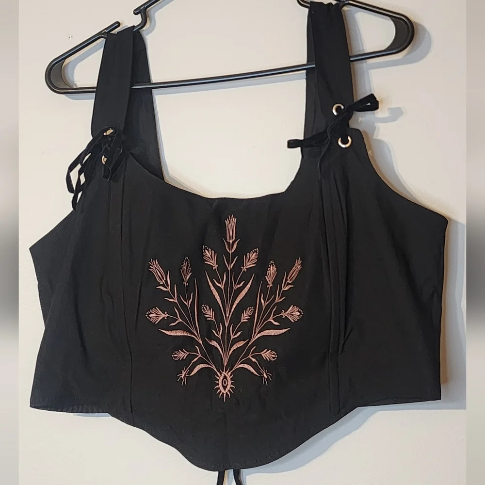 Cybele Embroidered Crop Corset Top Black Floral Embroidered Women's Top - Picture 6 of 9